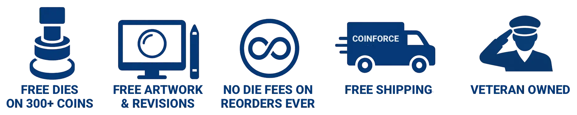 COINFORCE Advantages - free dies, no die fees on reorders, free artwork, free shipping, veteran owned